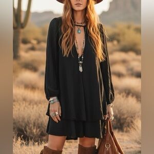 Free People "Beck" Black Tiered Mini Dress